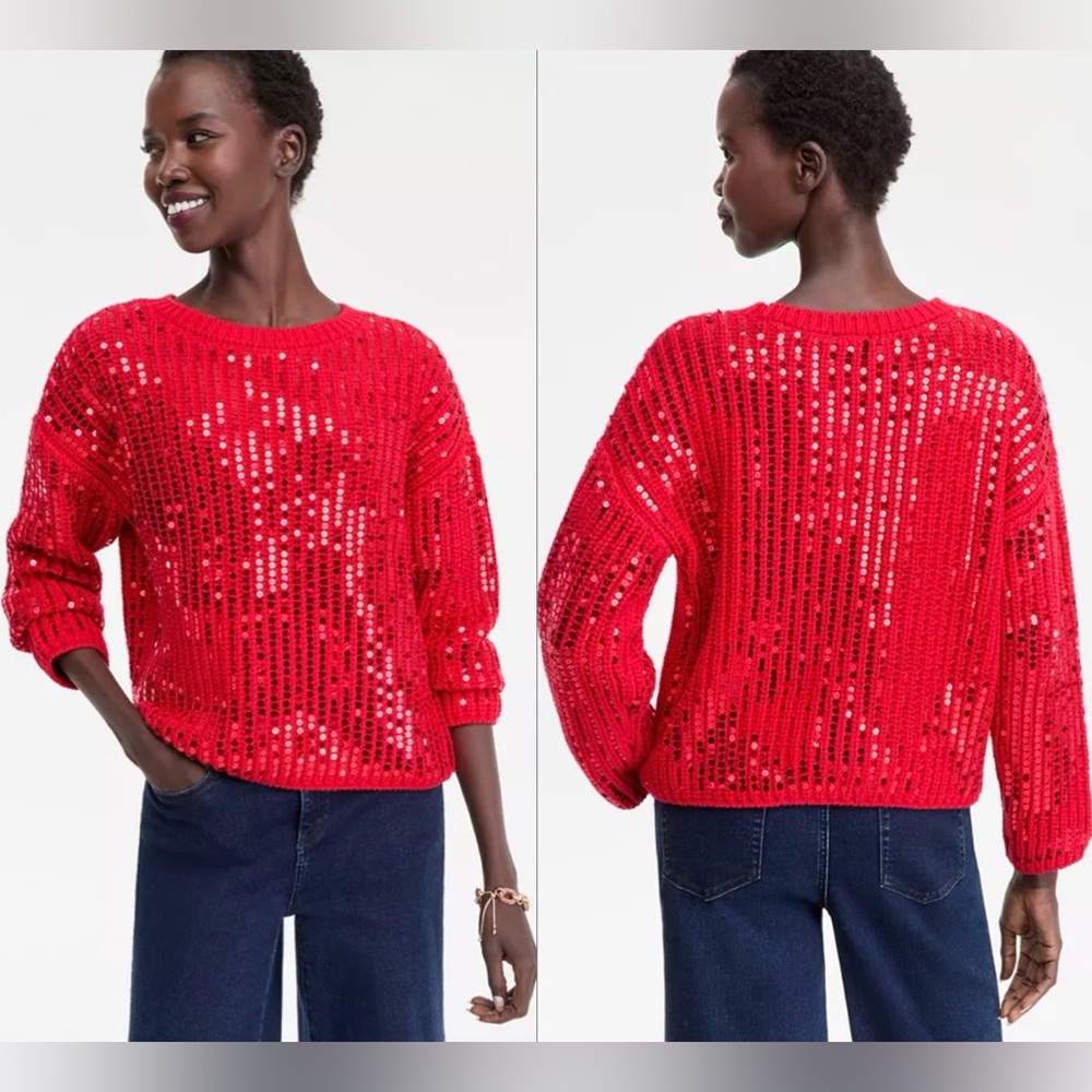NWT INC Bold Sequin Crewneck Sweater in Red Women's Extra Large XL